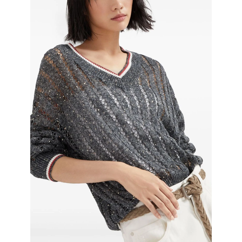 BRUNELLO CUCINELLI Grijze Trui met Gestreepte Rand Gray Dames