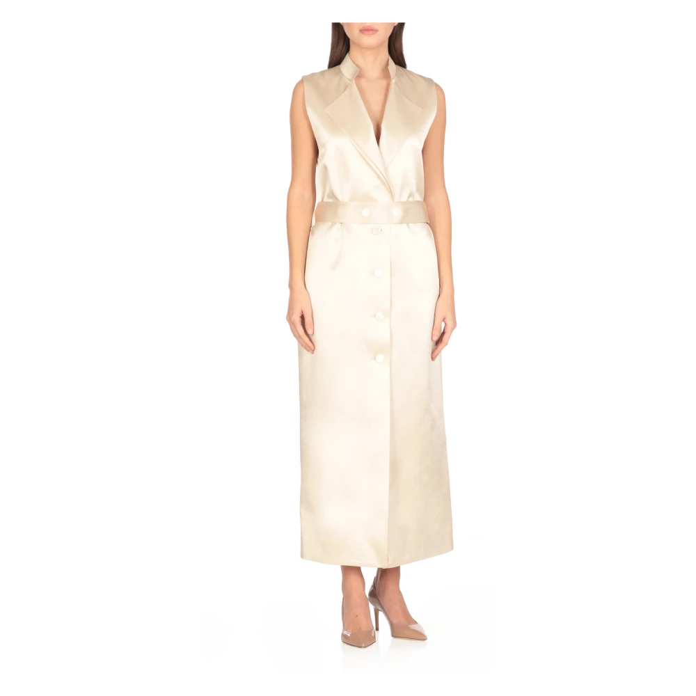 Philosophy di Lorenzo Serafini Ivoor Satijnen Jurk met Reverskraag Beige Dames
