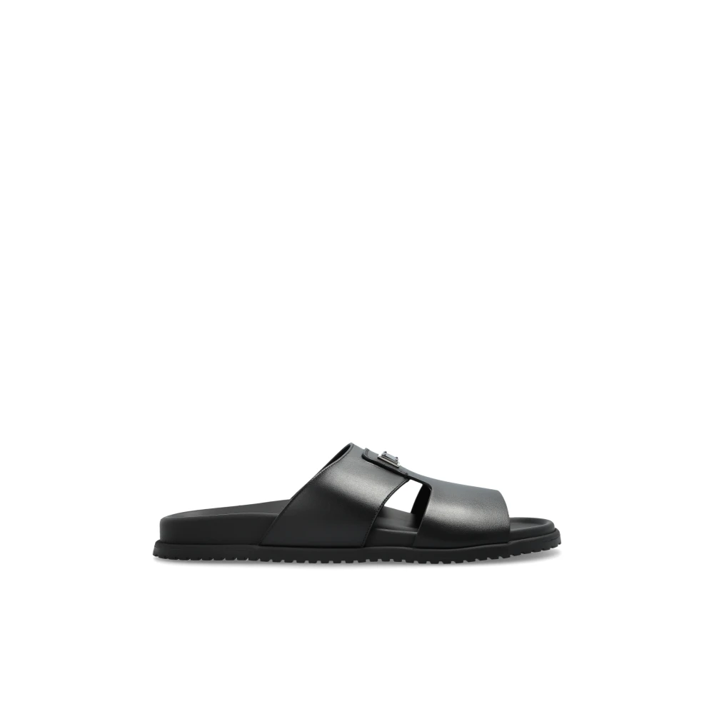 Dolce & Gabbana Men's Black Leather Slides With Appliqué