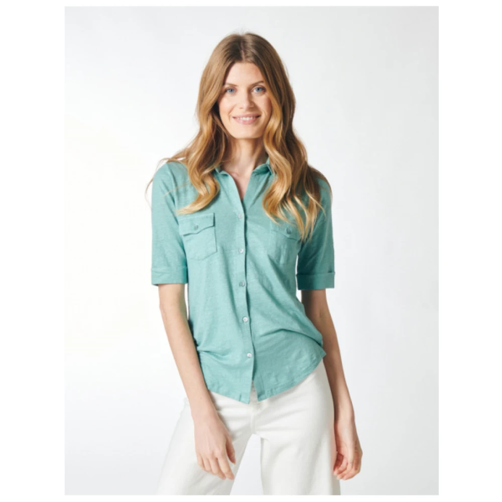 majestic filatures Linnen halfmouw shirt met zakken Green Dames