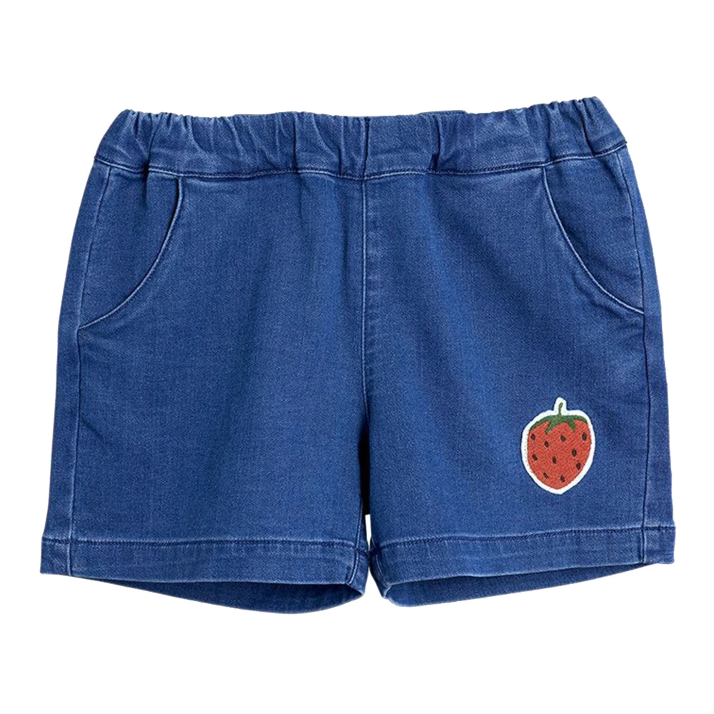 Mini Rodini Boys Blue Denim Shorts With Strawberry Patch - Shorts - 12 M - Kids