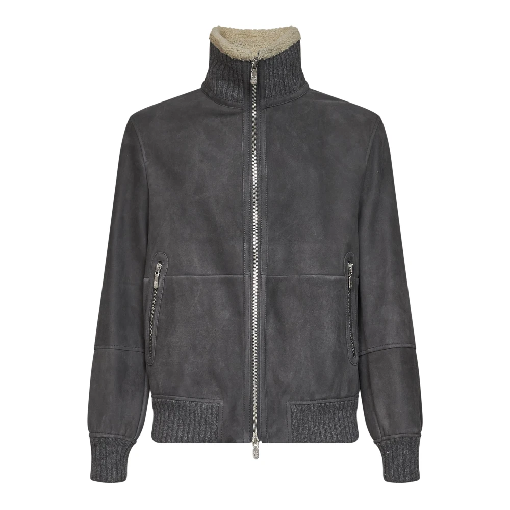 Brunello Cucinelli Men's Gray Leather Jackets, M, Shearling Jacket