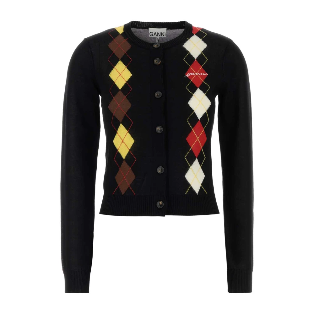 Ganni Light Cotton Argyle Cardigan - Female - Cardigans - Black - Xs - Knitwear
