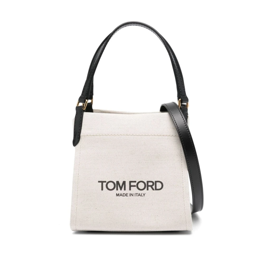 Tom Ford Canvas Tote Tas met Logo Print en Leren Details Beige Dames