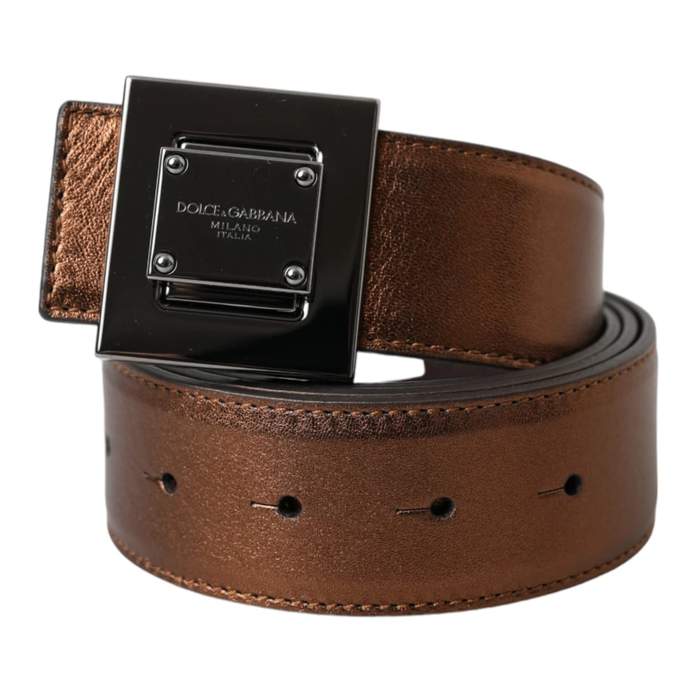 Dolce & Gabbana Metallic Bronze Leren Riem met Vierkante Metalen Gesp Brown Dames