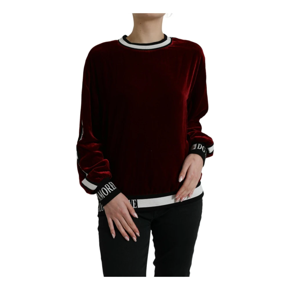 Dolce & Gabbana Women's Red Sweatshirts, S, Burgundy Velvet Round Neck Jumper