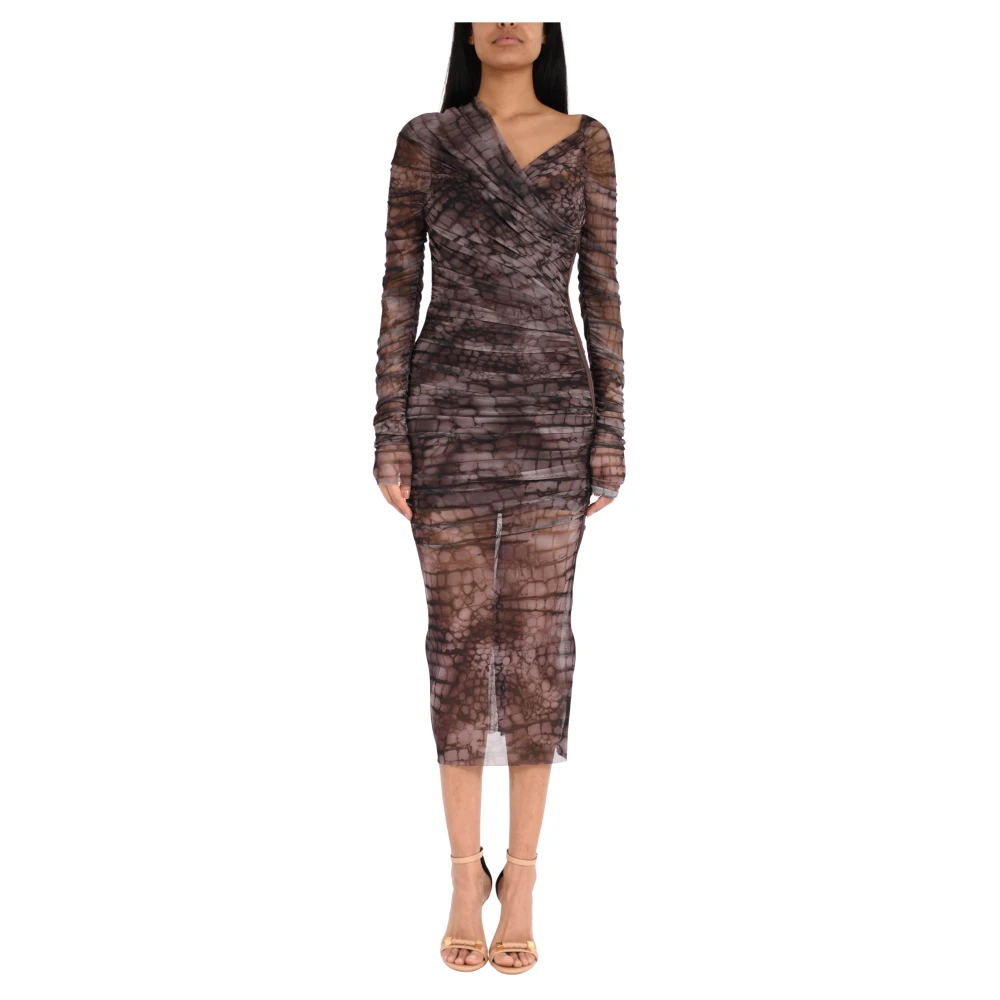 Elisabetta Franchi Brown Party Dresses, Female, M, Dress In Tulle Fabric With Alligator Print
