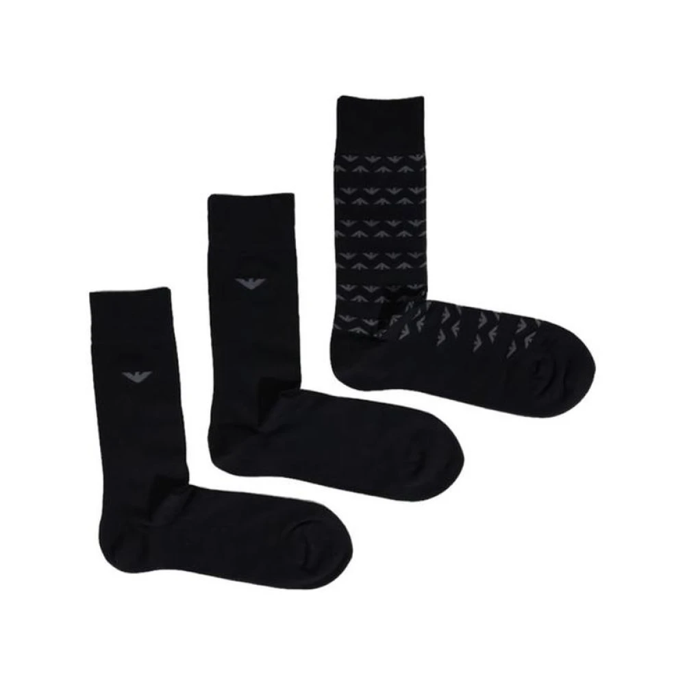 Emporio Armani Zwarte Katoenen Crew Socks AllOver Logo Black Heren