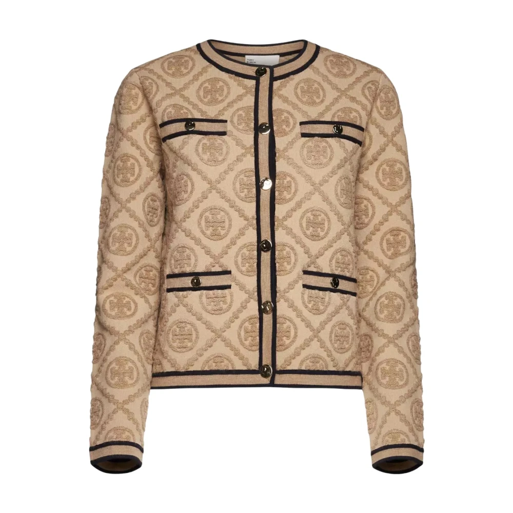 TORY BURCH Beige Monogram Vest Zwarte Rand Gouden Knopen Brown Dames