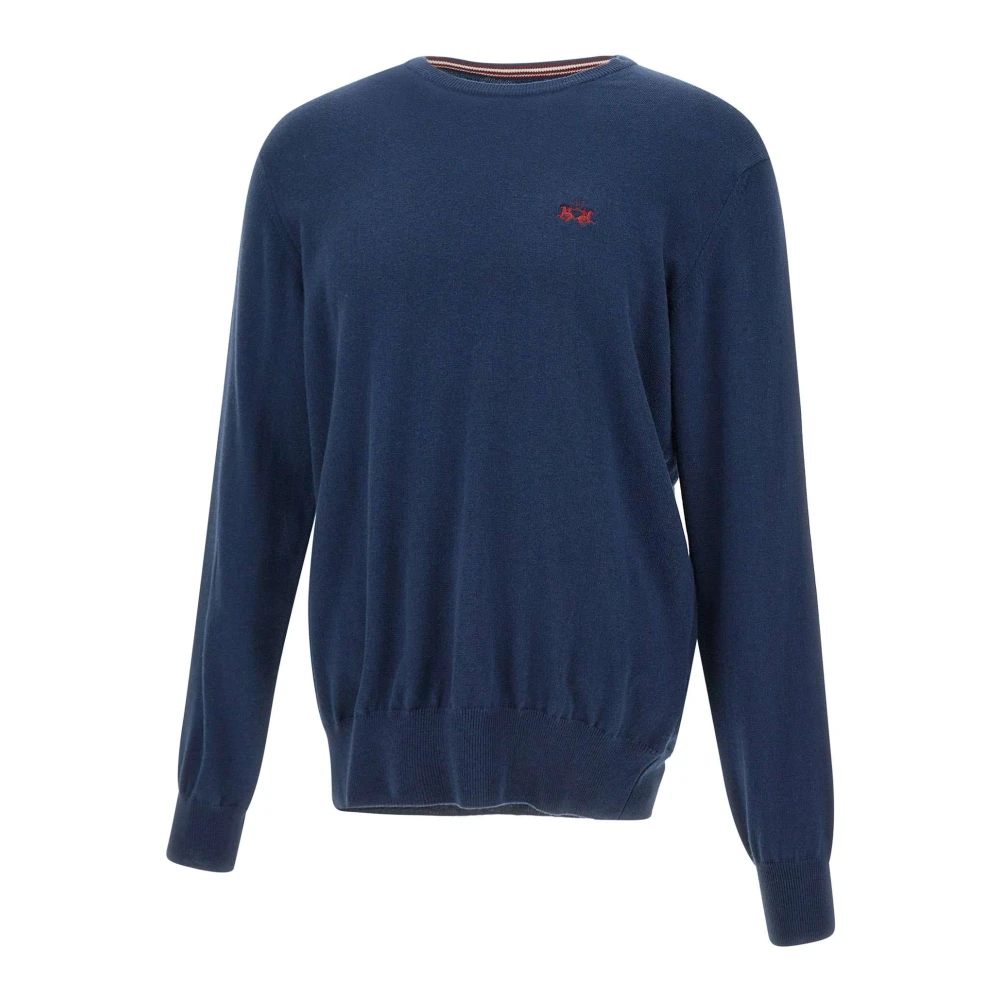 La Martina Men's Blue Round-Neck Knitwear, 2XL, Wool Cotton Jumper Logo