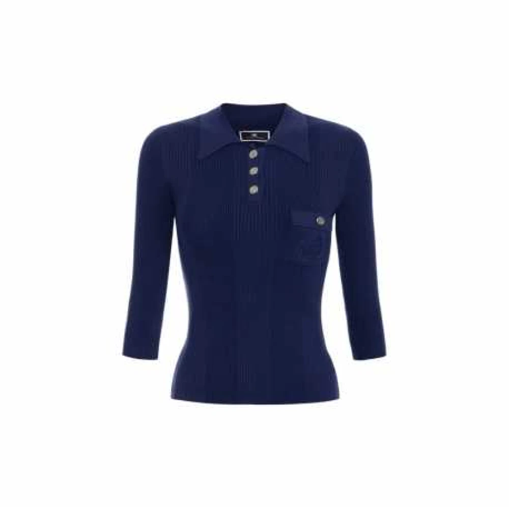 Elisabetta Franchi Navy Polo Shirt 3 4 Mouw Metalen Knopen Blue Dames