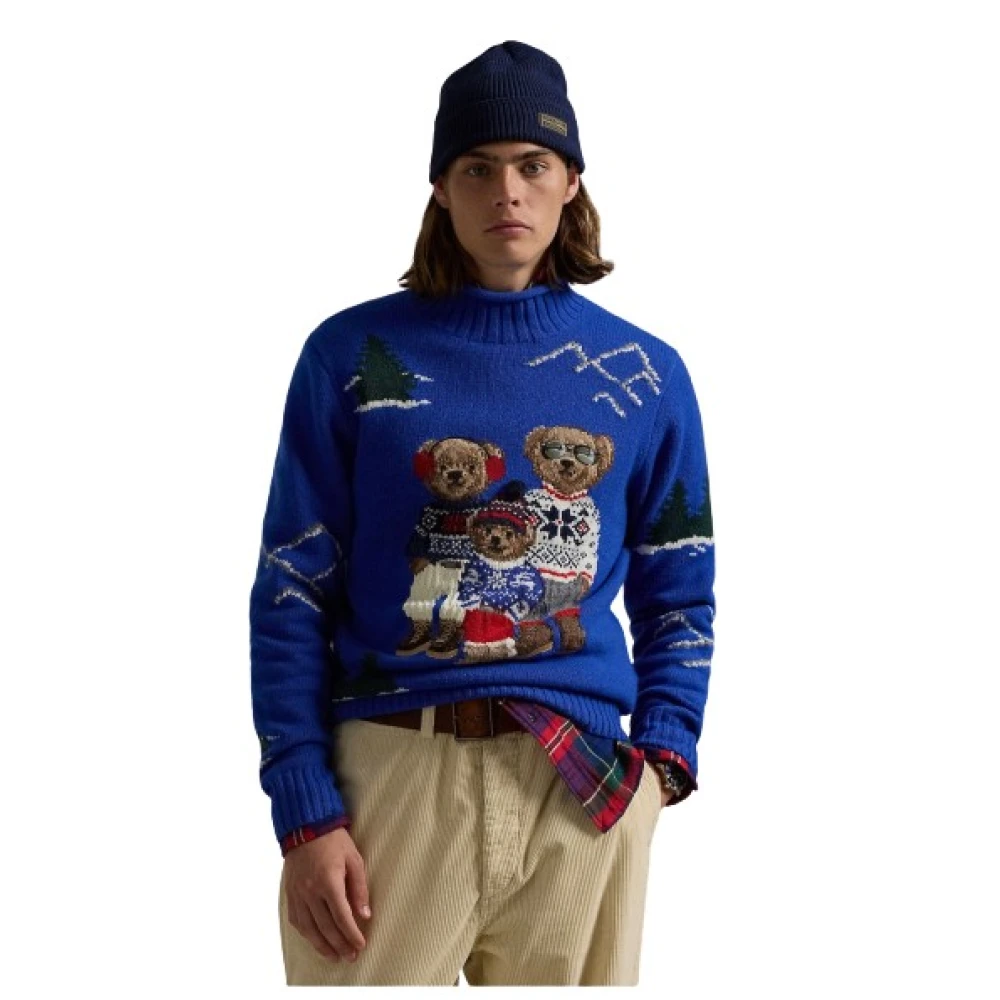 Polo Ralph Lauren Intarsia Wol Polo Bear Familie Trui Blue Heren