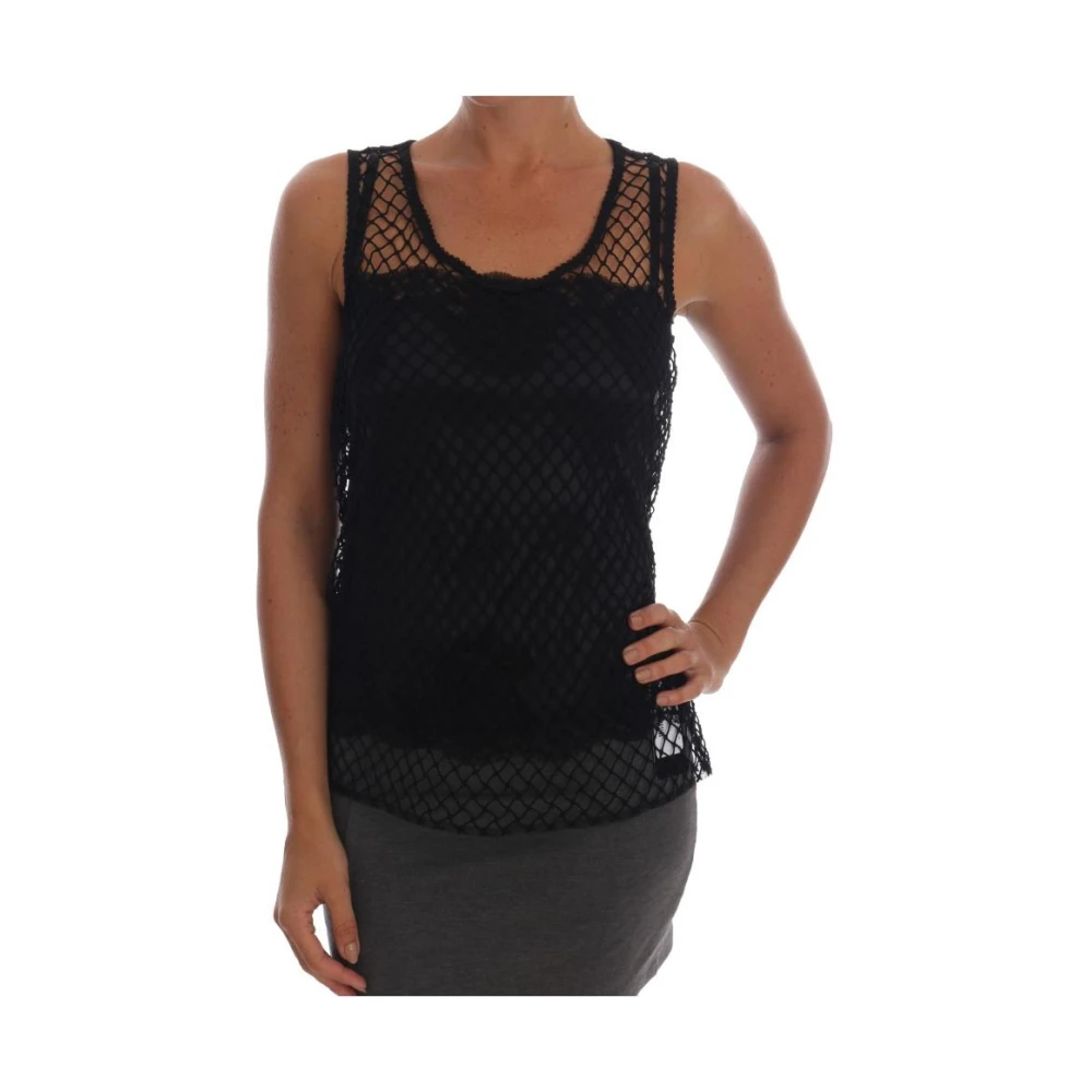 Dolce & Gabbana Women's Black Sleeveless Tops, S, Floral Lace Mesh Tank Top