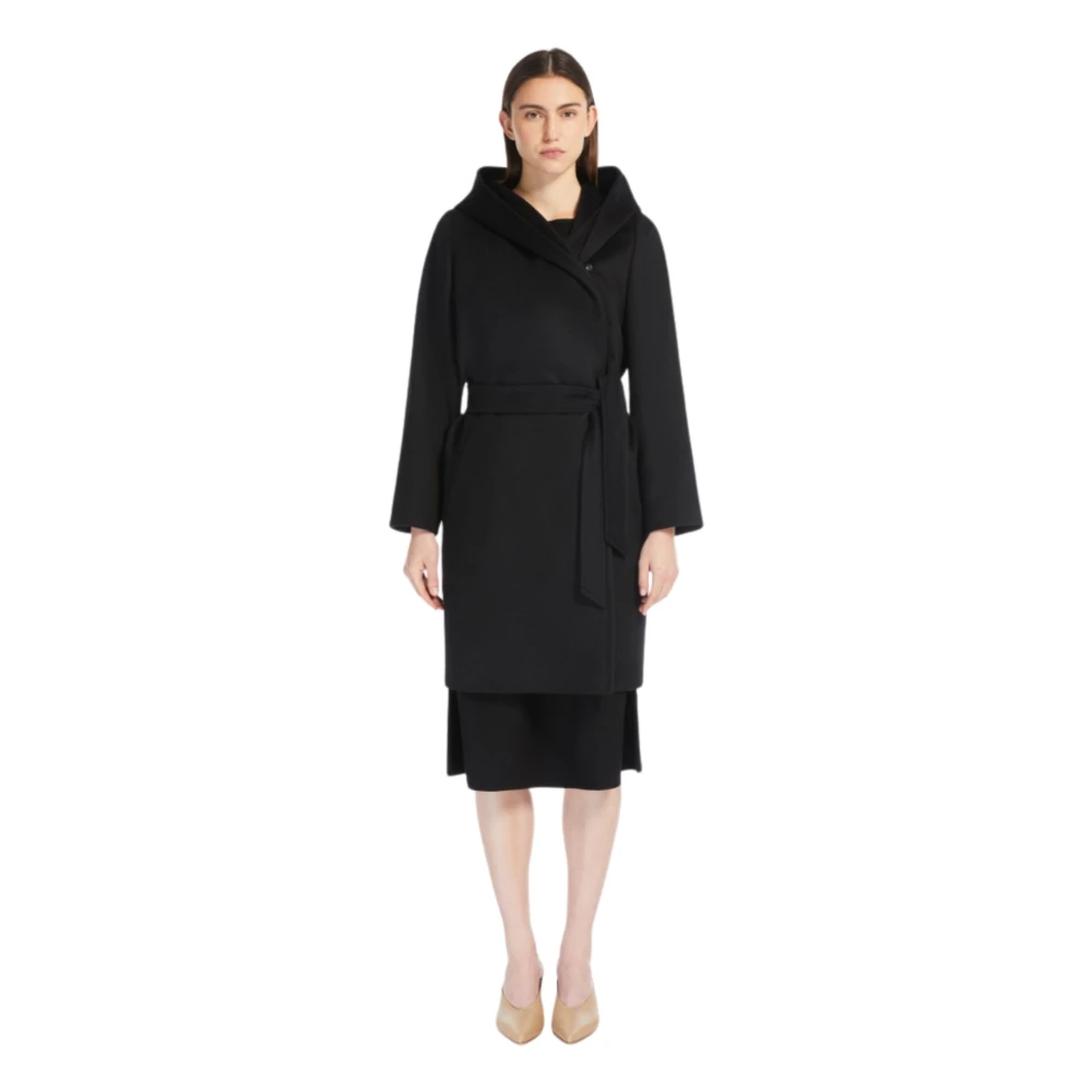Max Mara Studio Zwarte wollen wikkeljas met capuchon Black Dames