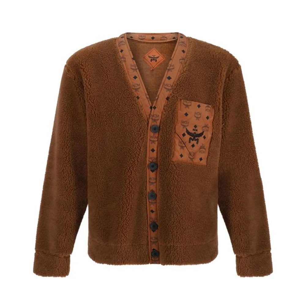 MCM Monogram Shearling V-Neck Cardigan Brown Heren