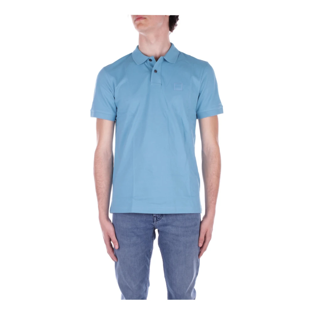 Hugo Boss Blauw Logo Voorkant Knoop Polo Shirt Blue Heren