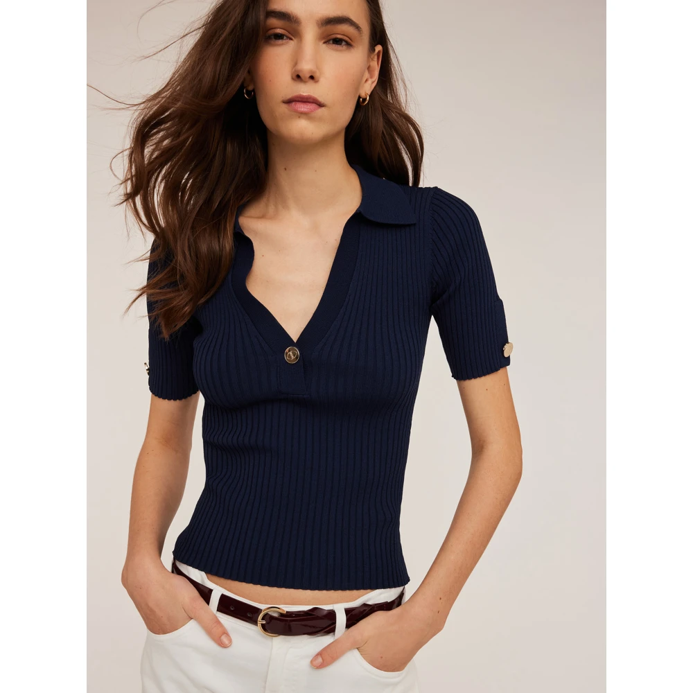 Motivi Ribgebreid Poloshirt Blue Dames