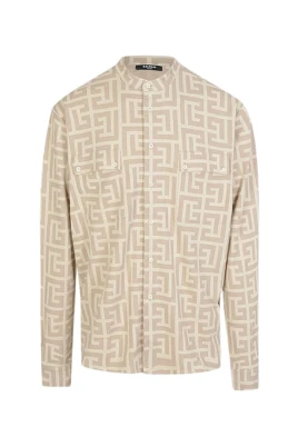 Tjock Beige Skjorta med Texturerat Tyg och Monogramtryck