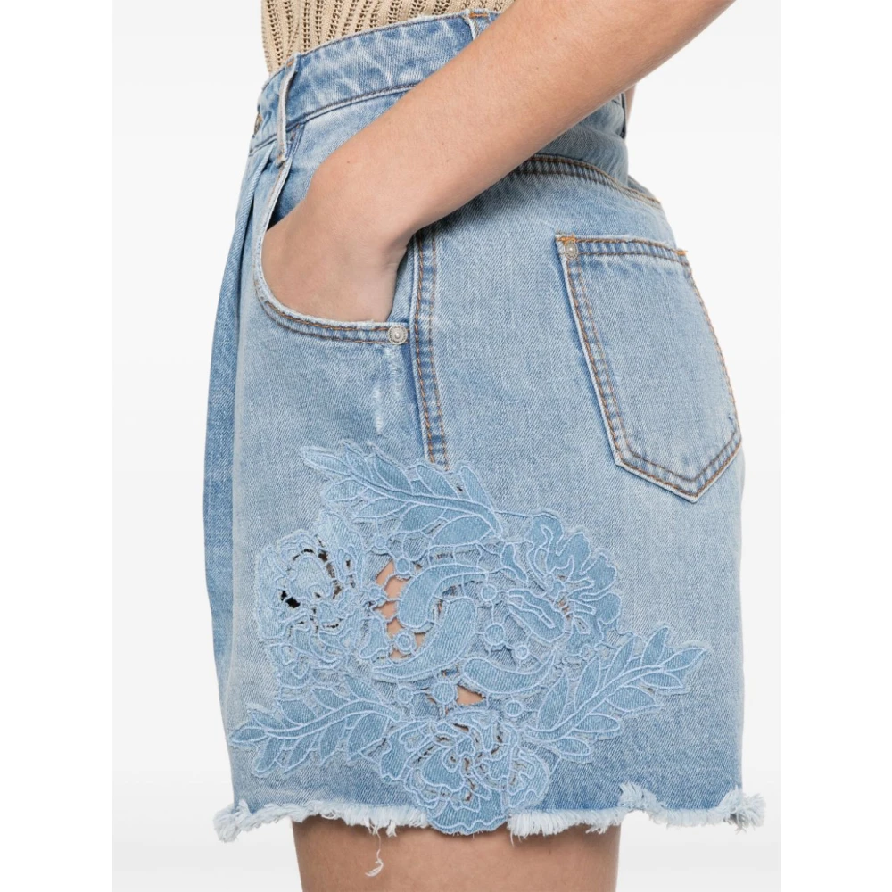 Ermanno Scervino Blauwe Denim Shorts met Bloemenborduursel Blue Dames
