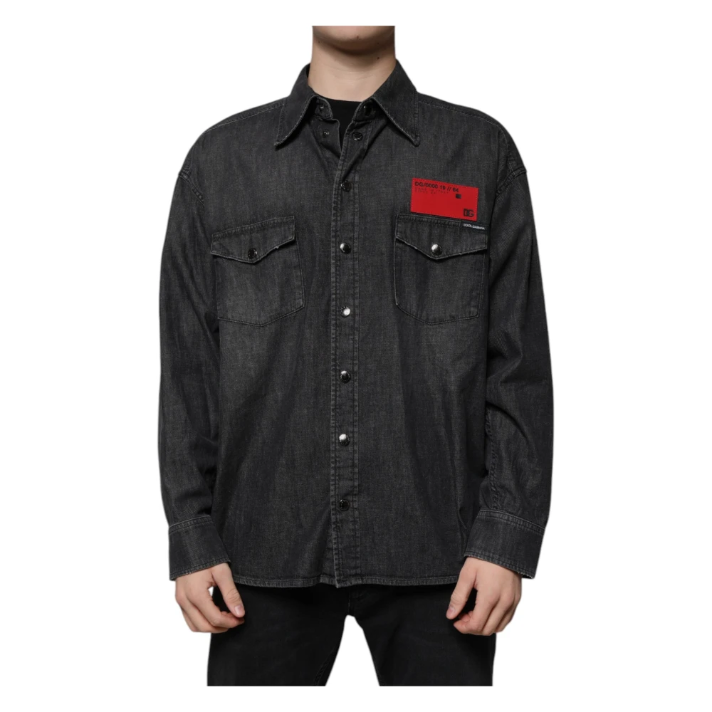 Dolce & Gabbana Men's Black Denim Shirts, L, Button Down Denim Shirt