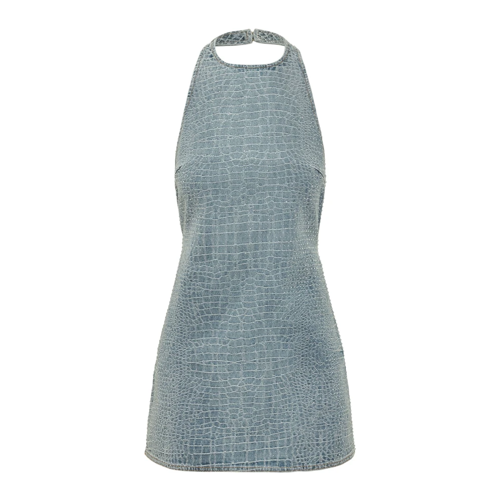Self Portrait Blue Rhinestone Croc Effect Denim Mini Dress - Female - Short Dresses - Xs - Dresses