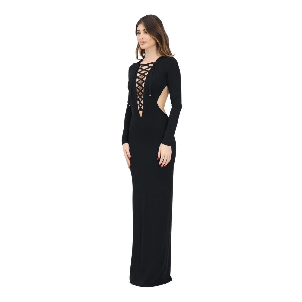 Elisabetta Franchi Zwarte lange jurk met V-hals Black Dames