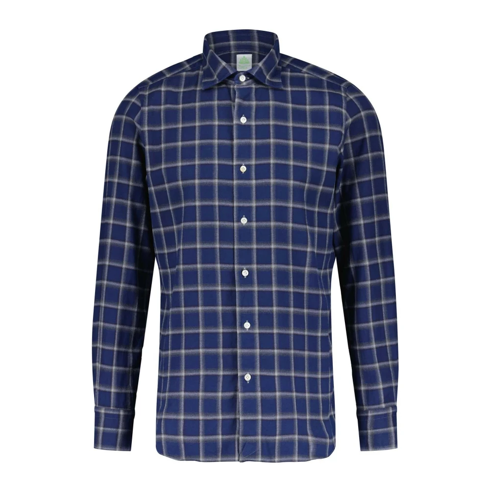 Finamore Tokyo Geruite Overhemd Haaienkraag Blue Heren
