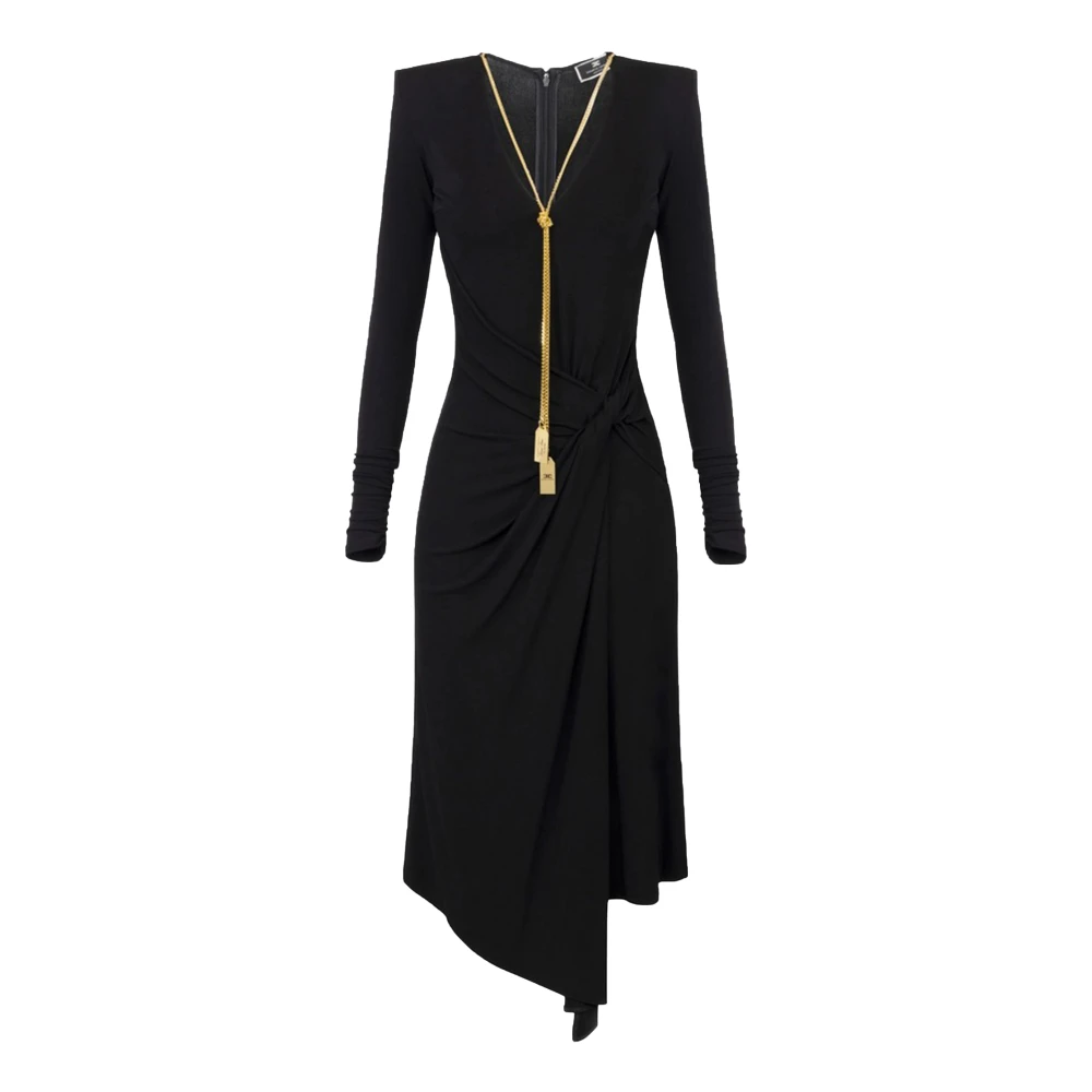 Elisabetta Franchi Zwarte Jersey Midi Jurk met V-Hals Black Dames