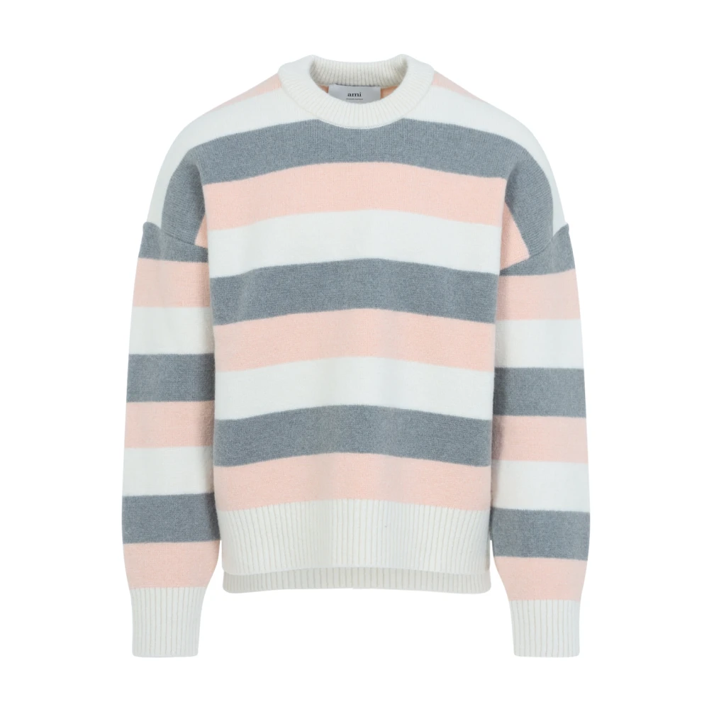 Ami Paris Men's Multicolor Round-Neck Knitwear, M, Grey Alpaca Striped Crewneck Jumper