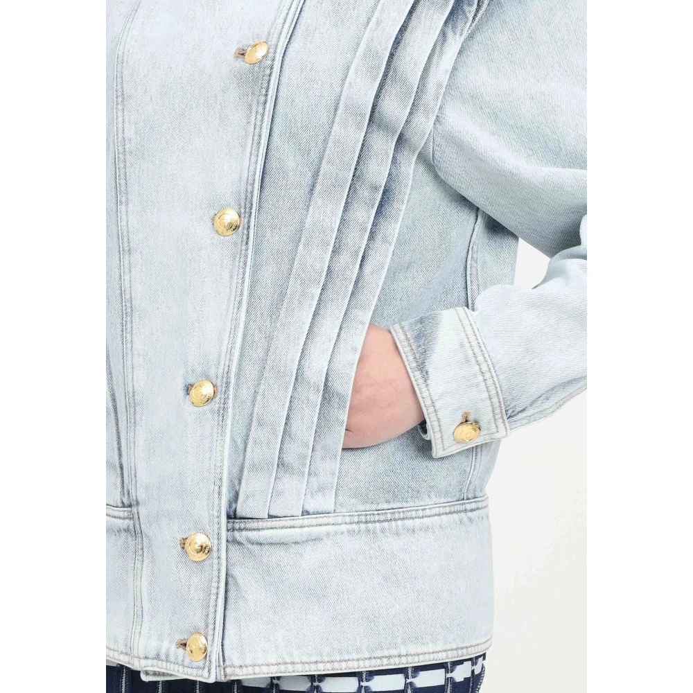 Elisabetta Franchi Blauwe Denim Oversized Jack met Geplooide Details Blue Dames