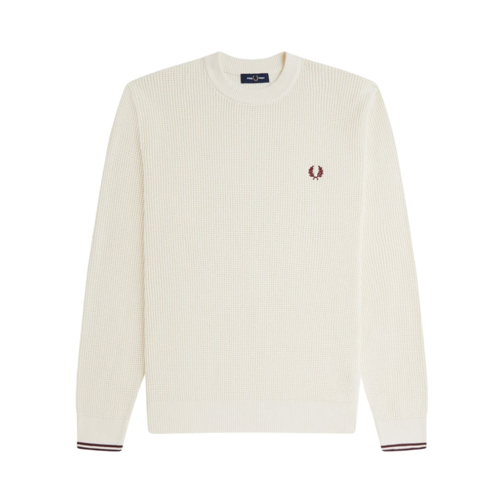 Fred Perry Men's Beige Round-Neck Knitwear, Xs, Embossed Texture Cotton Crew Neck Jumper