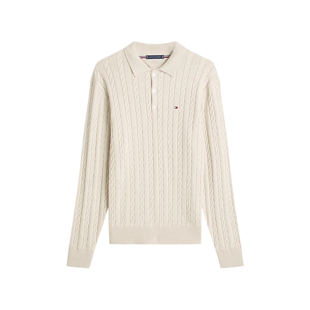 Tommy Hilfiger Men's Beige Cable-Knit Polo Shirt - Round-Neck Knitwear - Xl - Knitwear
