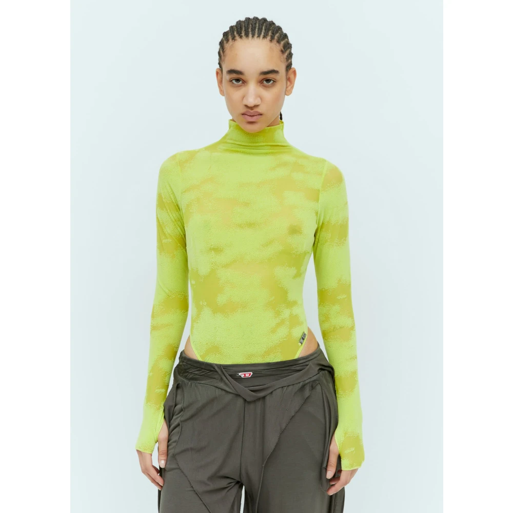 Diesel Mesh Longsleeve Bodysuit met Logo Patch Green Dames
