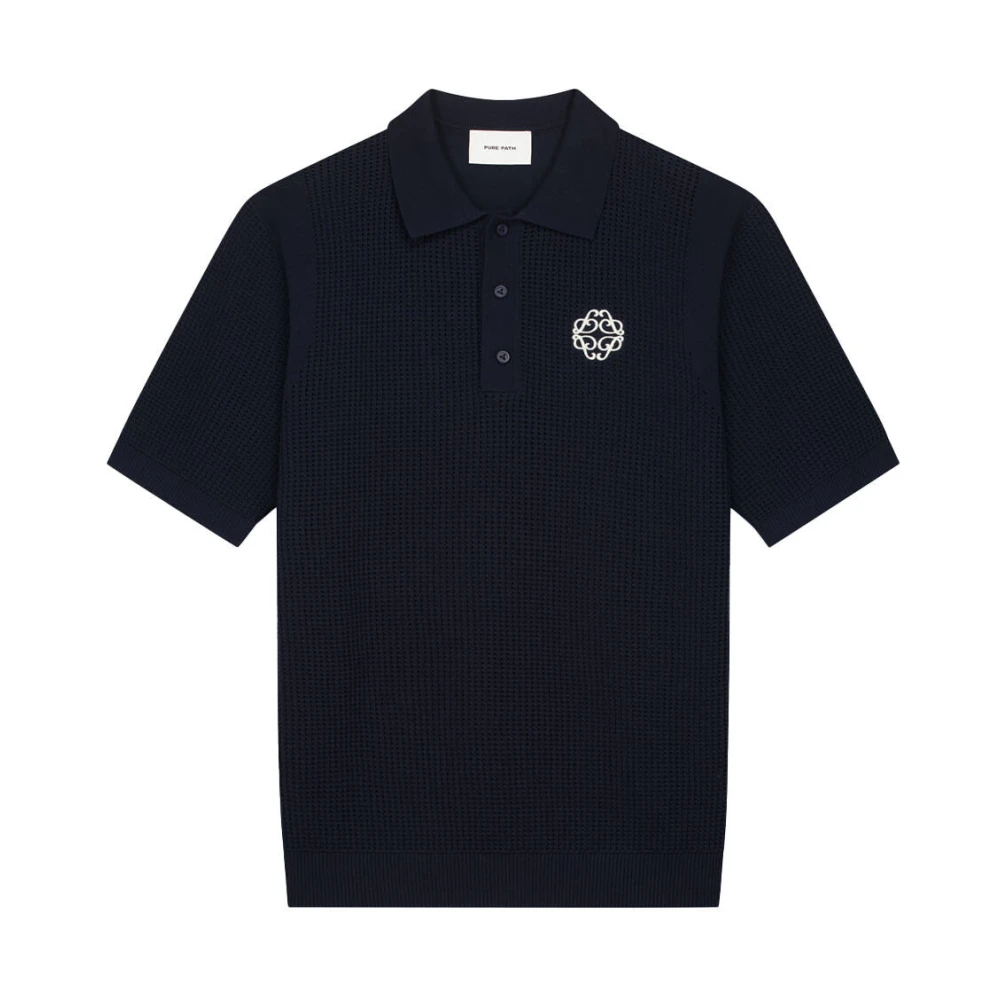Pure Path Men's Blue Polo Shirts, L, Openwork Knitted Polo