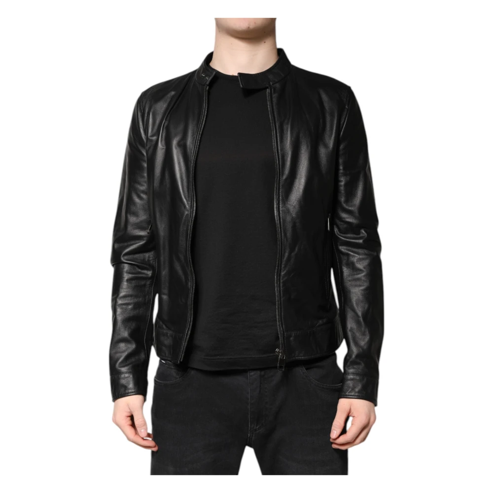 Dolce & Gabbana Men's Black Sheep Leather Biker Zip Jacket