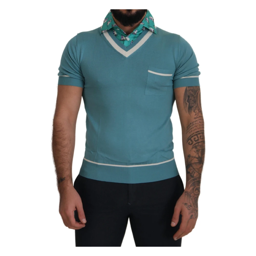 Dolce & Gabbana Blue Polo Shirts, Male, Xl, Silk V-Neck Polo Top