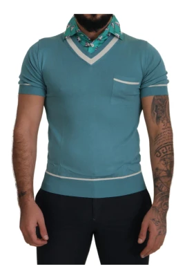 Blå Silke Polo Top Herr V-ringad T-shirt