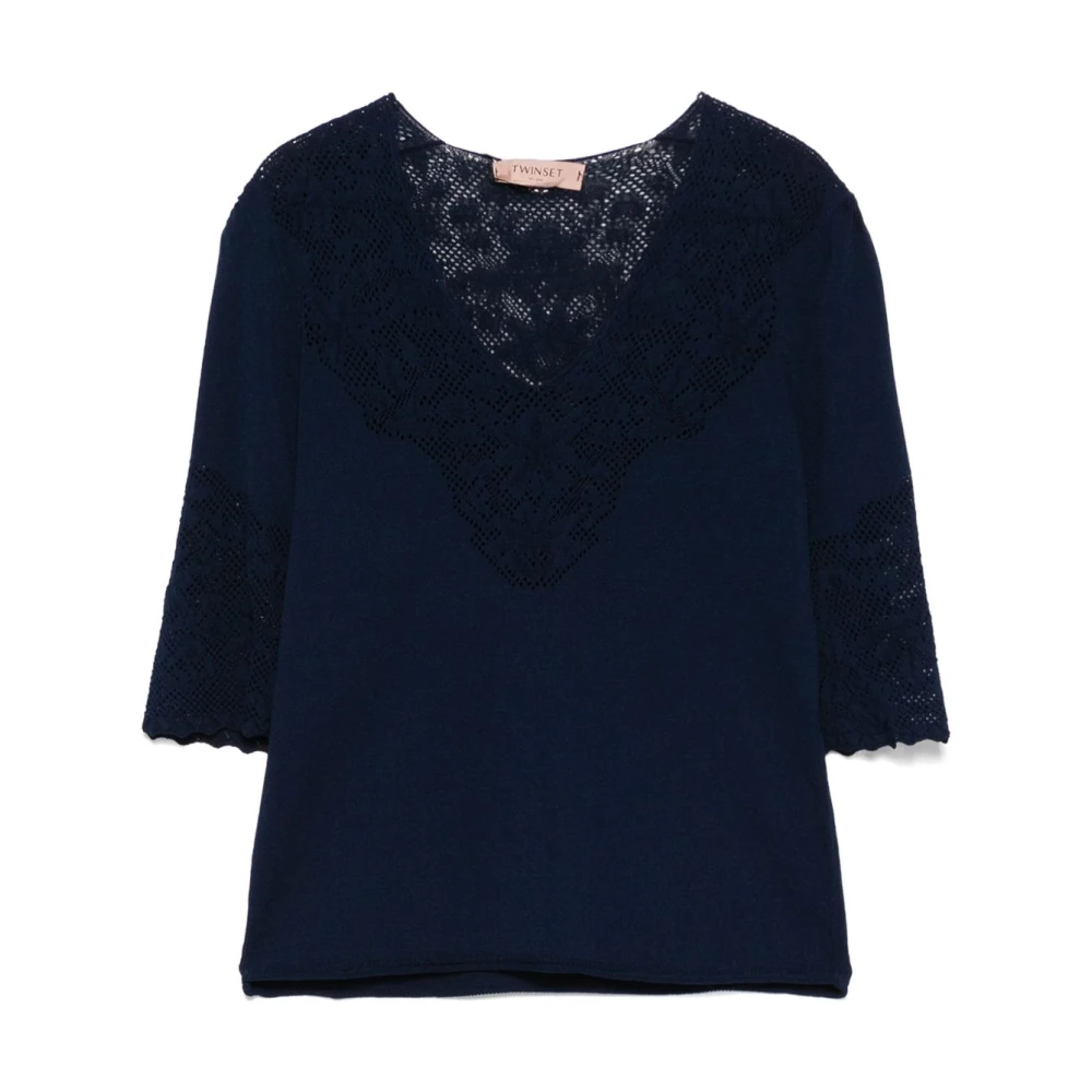 Twinset Blauwe V-hals Sweaters Omgeslagen Rand Blue Dames