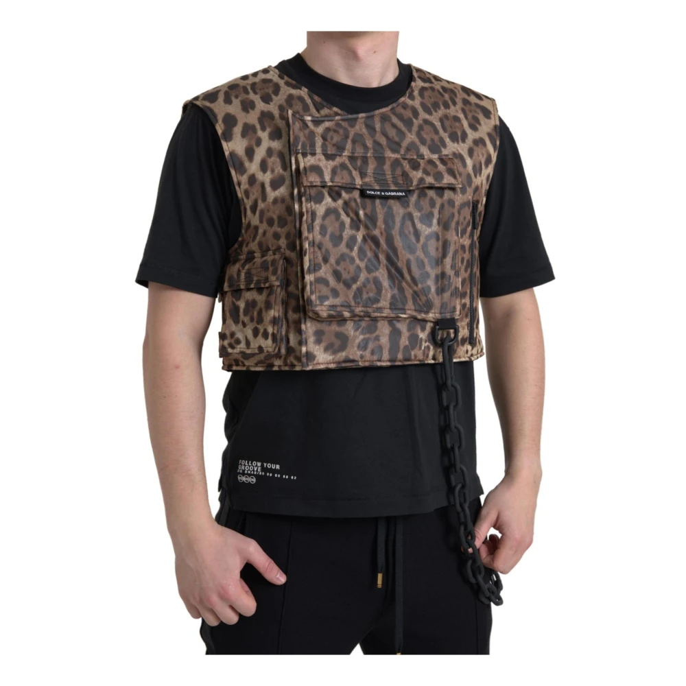 Dolce & Gabbana Leopard Zijden Mouwloze Sportswear Vest Brown Heren