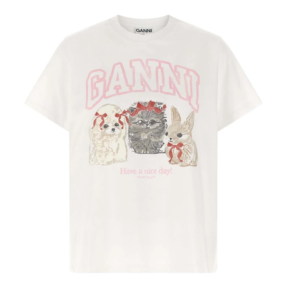 Ganni White T-Shirts, Female, L, Animals Print T-Shirt