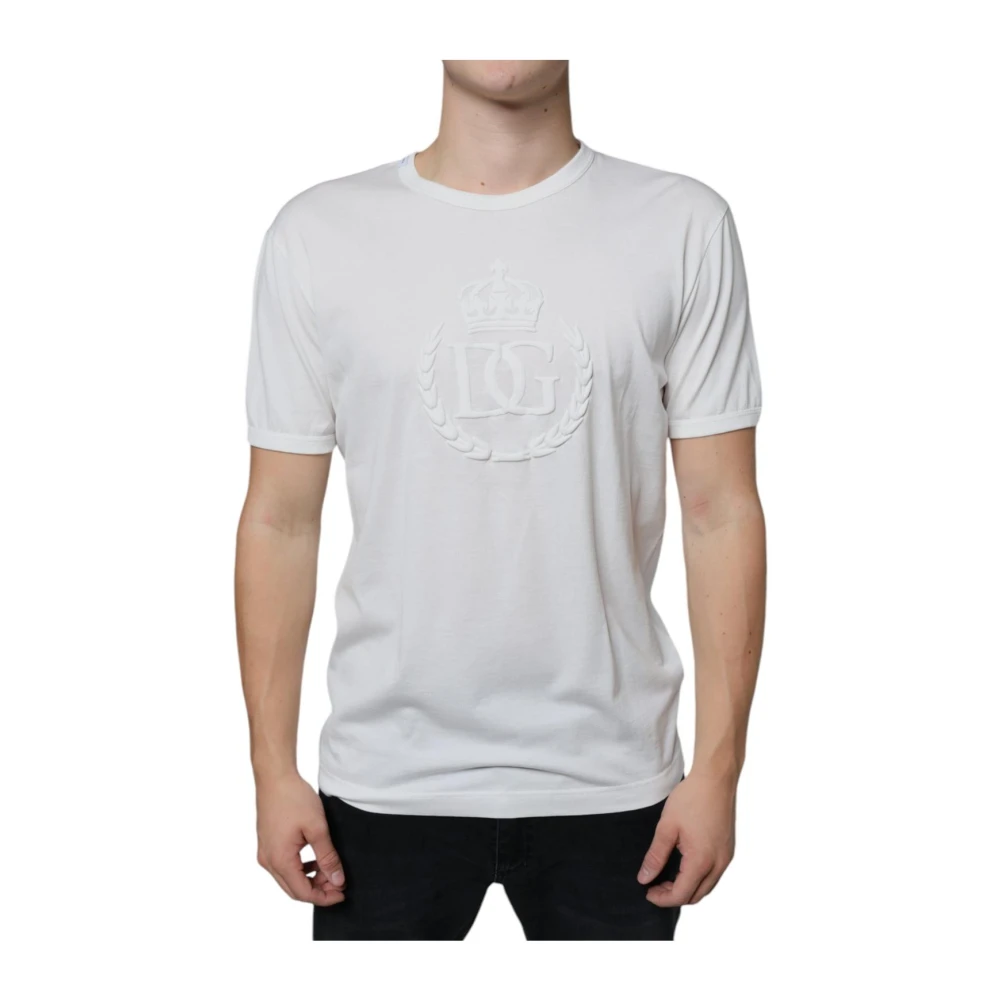 Dolce & Gabbana White T-Shirts, Male, Xl, Logo Embossed Cotton Crewneck T-Shirt
