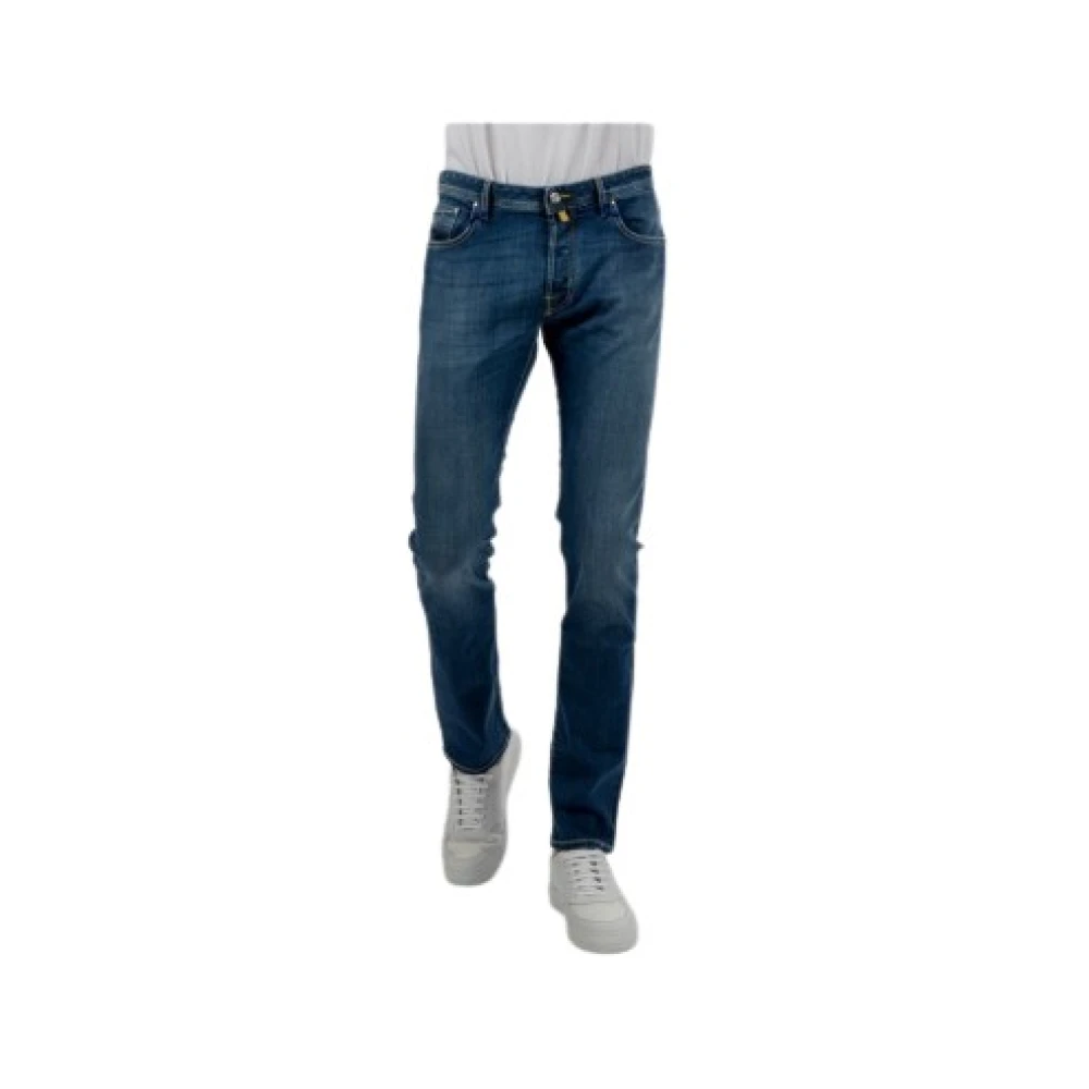 Slim-fit Distressed Navy Blue Jeans med Gul Patch