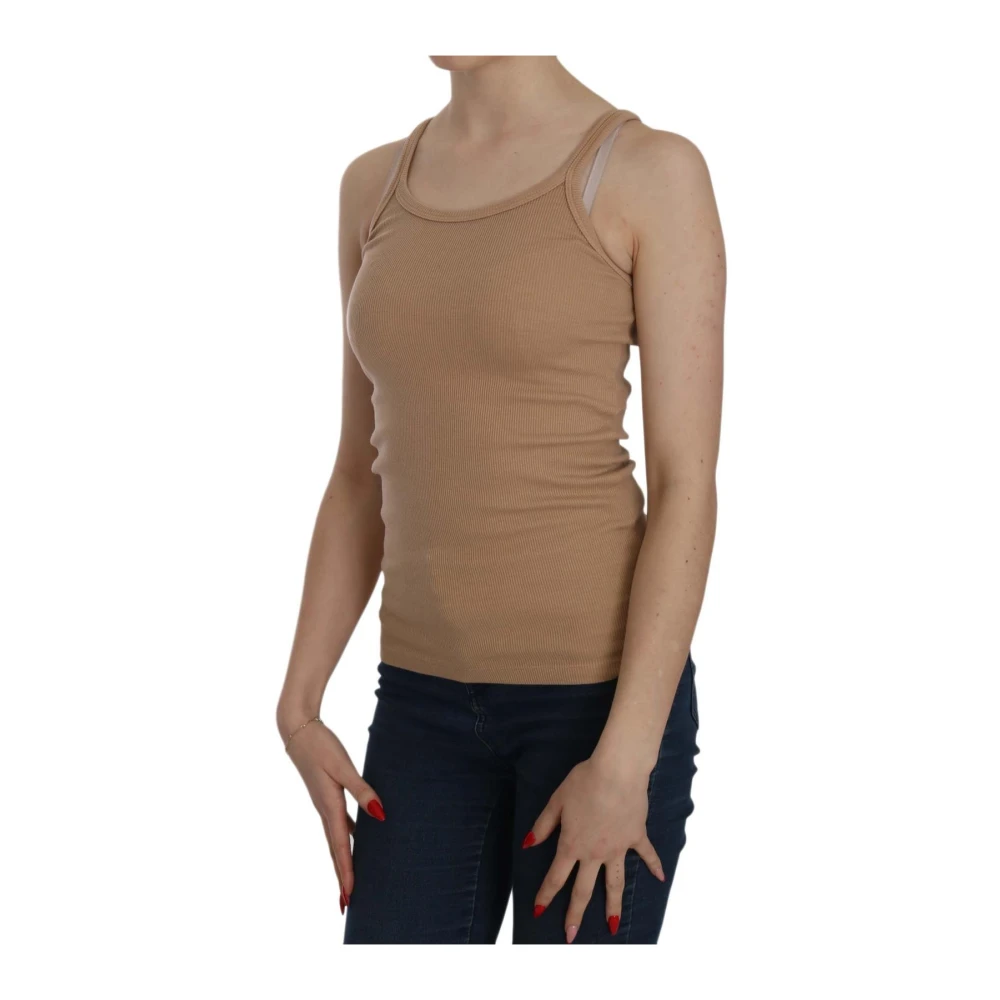 Pink Memories Women's Beige Ribbed Knit Tank Top - Sleeveless Tops - L- Tops