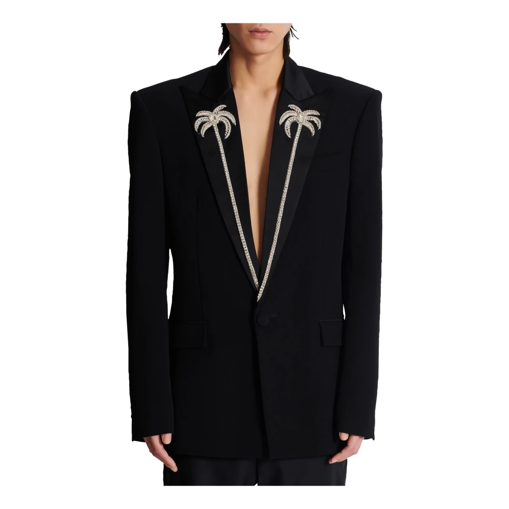 Balmain 1-knoops jas met geborduurde palmboomkraag Black Heren
