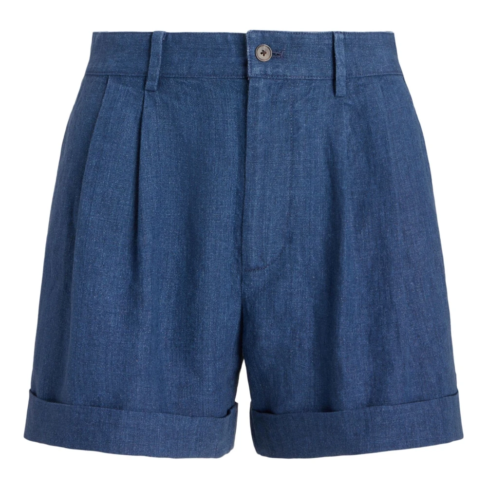 Polo Ralph Lauren Blauwe Linnen Geplooide Casual Shorts Blue Dames