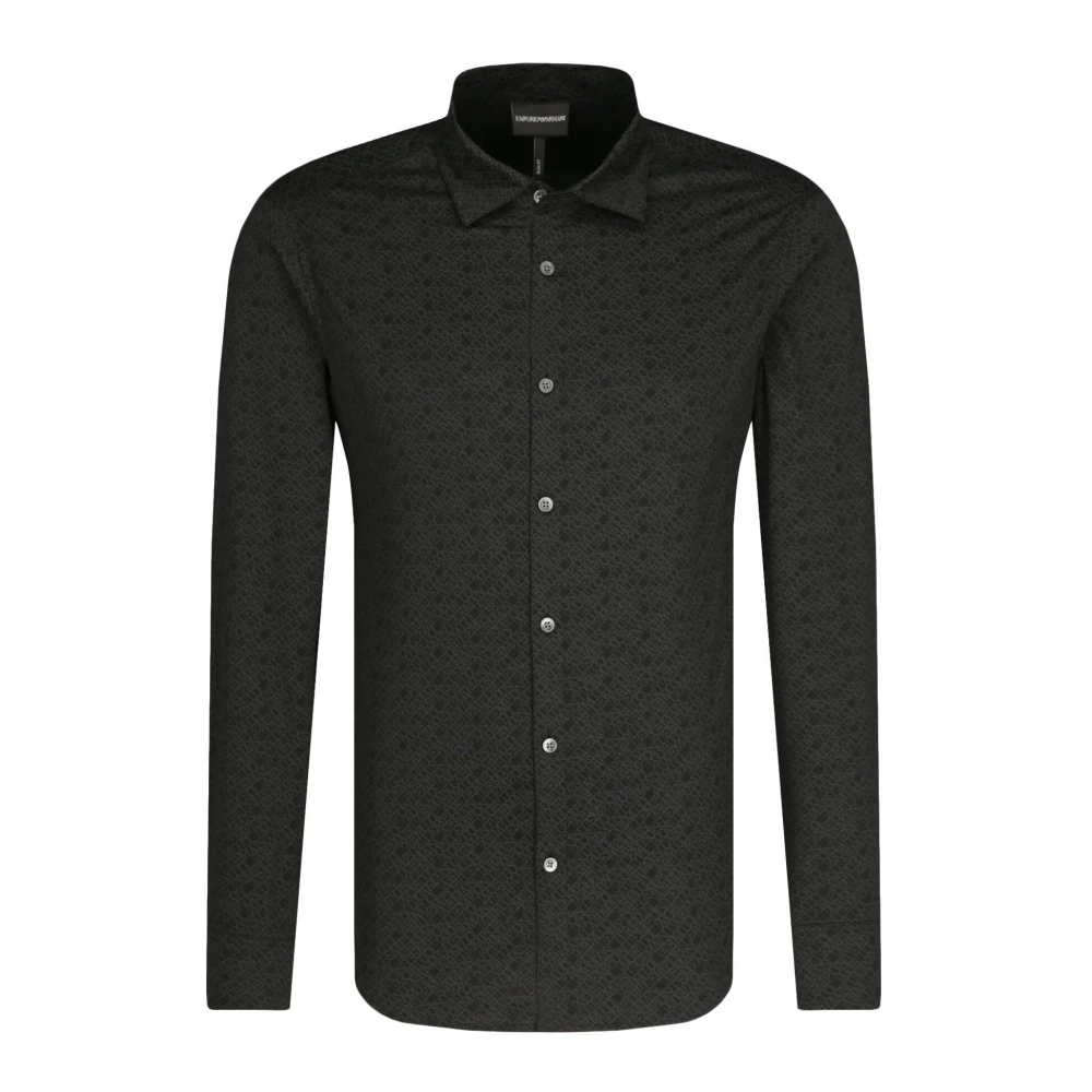 Emporio Armani Slim Fit Zwarte Overhemd met Microlettering en Franse Kraag Black Heren