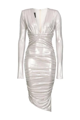 Metallic Ruched Asymmetrical Dress