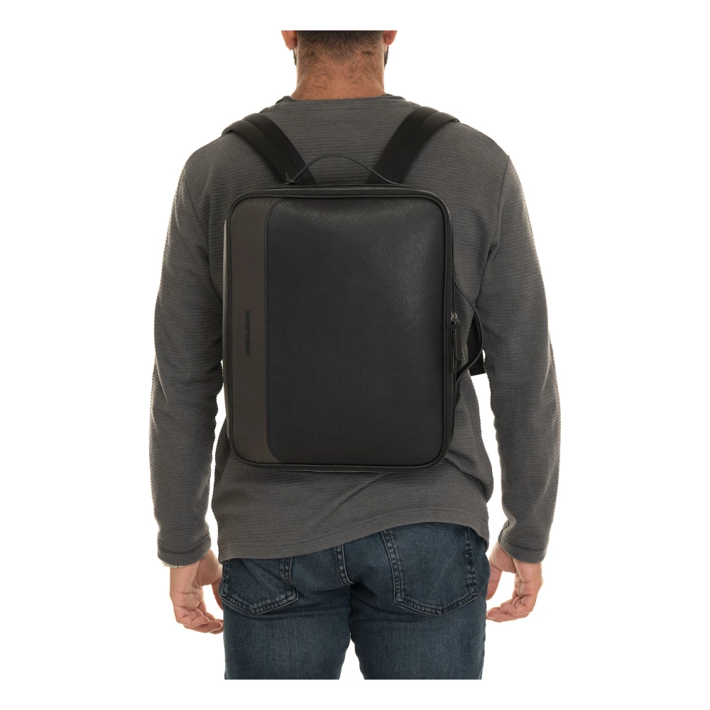 Emporio Armani Saffiano leren laptoptas met rits Black Heren
