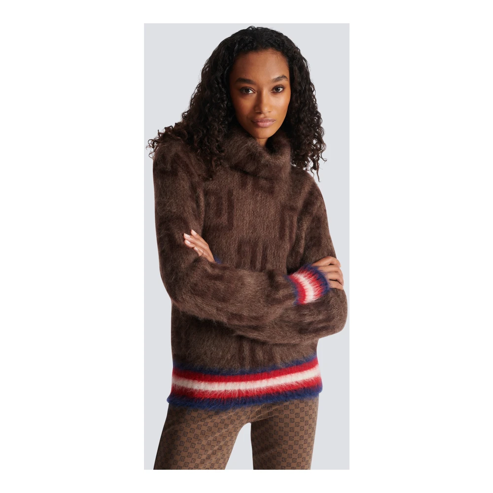 Balmain Geborstelde mohair trui met monogramprint Brown Dames