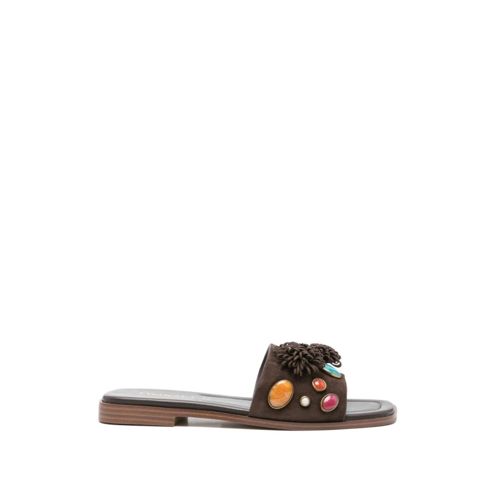 Twinset Women's Brown Sliders, 4 Uk, Suede Slides With Decorative Stones